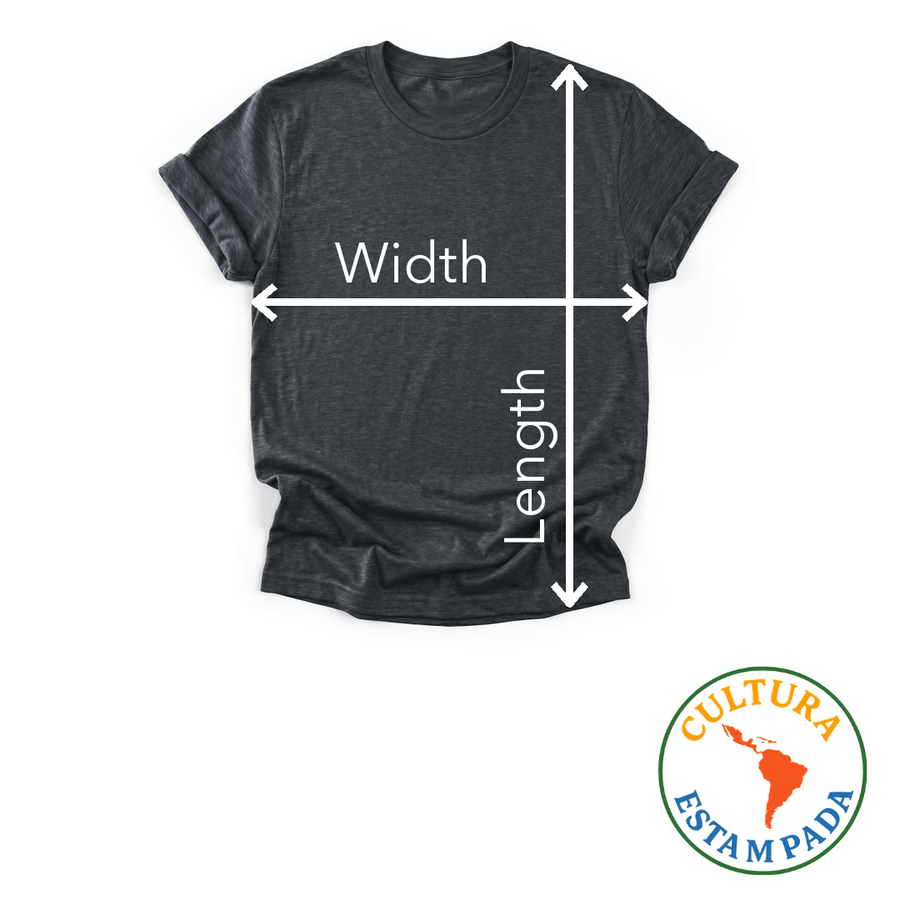 How to measure: lay the garment flat. Width is straight across the chest, side to side, just below the arms. Length is from the top of the shoulder beside the collar straight down to the bottom hem.